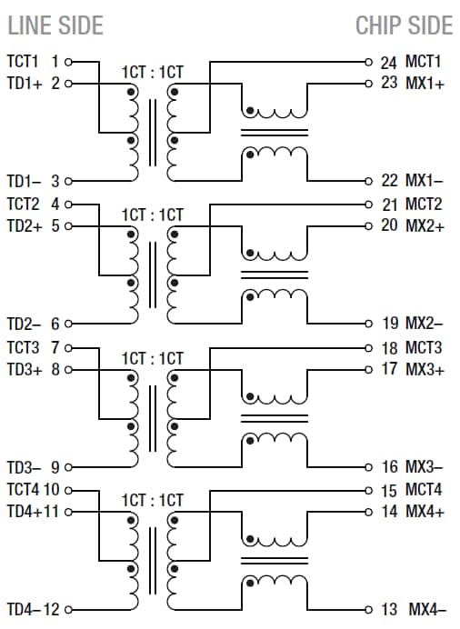 Schematic - Bourns SM51589PEL LAN 10/100/1000 Base-T Transformer